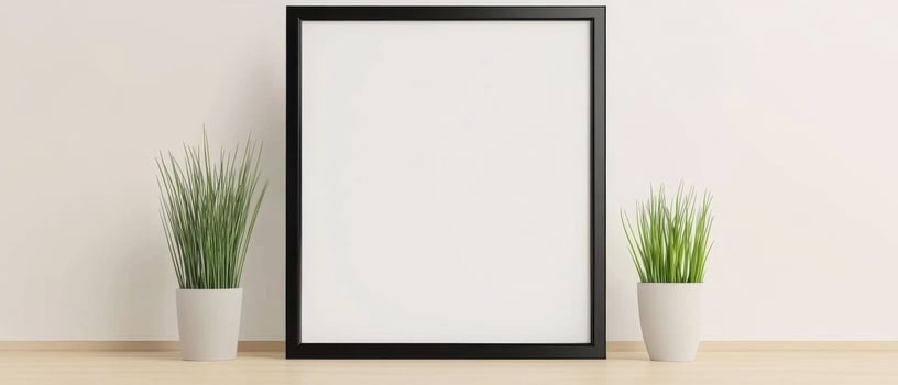blank black frame mockup in bright, airy living space with green plants on either side, creating fresh and inviting atmosphere photo