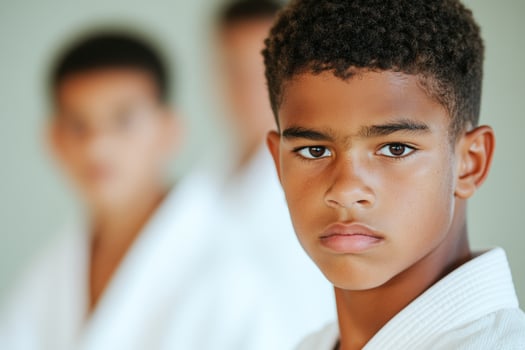 Focused Young Martial Artist in Line with Teammates Wearing Uniforms photo