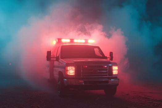 Emergency response vehicle navigating through thick fog during night operations with flashing lights illuminating the surroundings photo