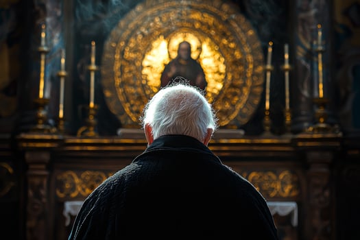 Elderly man praying in a grand church with an ornate altar and soft light highlighting the serene atmosphere photo