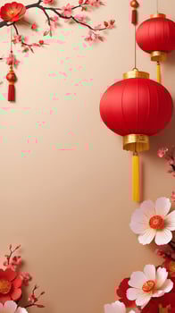 A clean, minimalist background highlights an abstract composition of Chinese New Year symbols like lanterns, coins, and flowers in soft red and gold, with room for a message. photo
