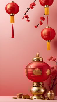 An abstract layout showcasing Chinese New Year motifs like lanterns, coins, and flowers, in soft red and gold, with a clean backdrop and room for text. photo