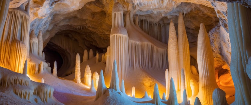 Majestic Stalactites and Stalagmites Illuminate Enchanted Cave Interior. photo