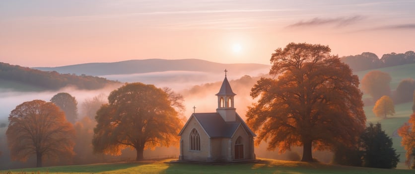 Serene Sunrise at Christian Chapel Surrounded by Autumn Mist in Countryside Landscape. photo
