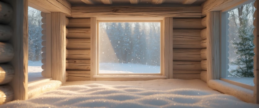 Natural sunlight illuminates a cozy cabin interior framed by wooden logs in a winter landscape. photo