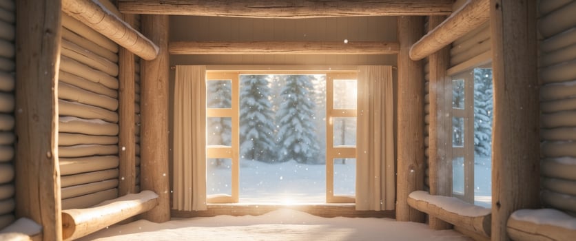Natural sunlight illuminates a cozy cabin interior framed by wooden logs in a winter landscape photo