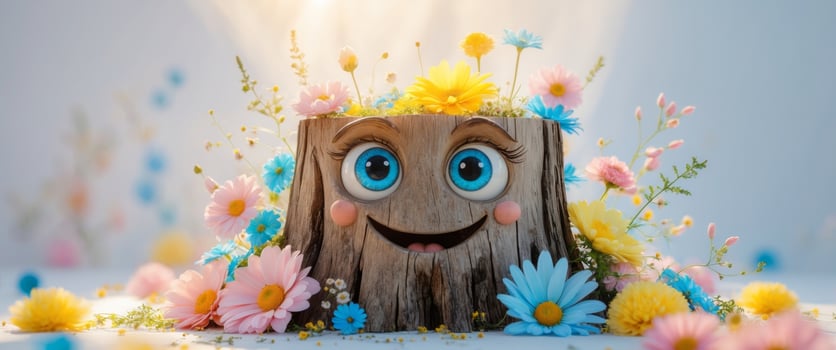 Cheerful tree stump with big blue eyes surrounded by colorful flowers. photo