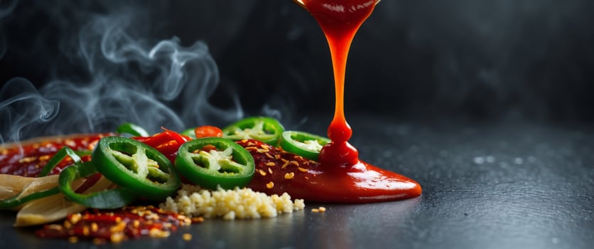Rich Red Sauce Drizzling Over Spicy Ingredients on Black Stone Surface with Smoke and Texture photo
