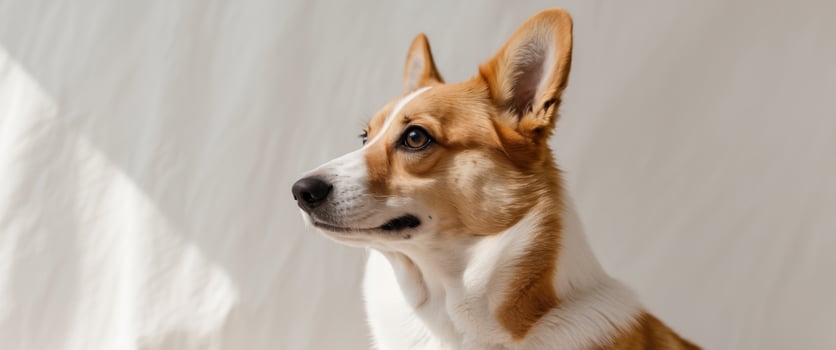 Corgi in contemplative profile in soft light. photo