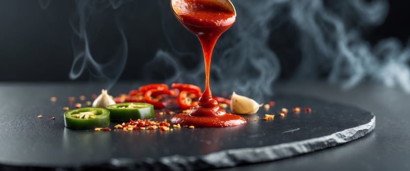 Rich Red Sauce Drizzling Over Spicy Ingredients on Black Stone Surface with Smoke and Texture. photo