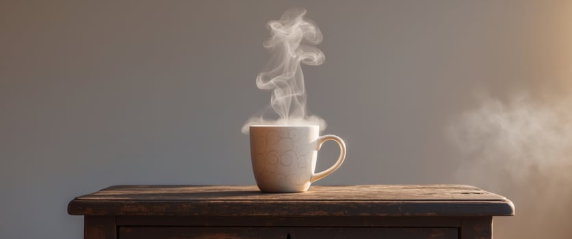 Cozy Coffee Break with Steaming Mug on Wooden Desk. photo