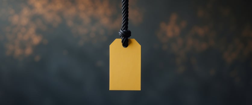 Blank Yellow Tag with Black Rope on Dark Textured Surface photo