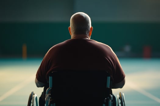 A man sits in a wheelchair, gazing thoughtfully ahead in a sports facility. photo