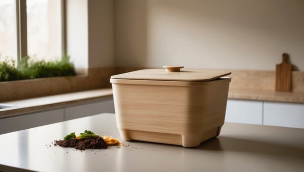 In a tidy, eco-conscious kitchen, a compact indoor compost bin stands ready to turn food scraps into soil, embodying sustainable waste practices. photo