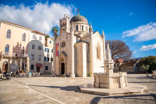 Herceg Novi, Montenegro - January 3, 2025. Saint Michael Archangel Church in Herceg Novi on old square in Montenegro in winter time. High quality photo