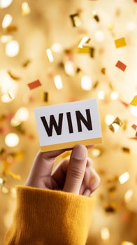 win card in hand with confetti background photo