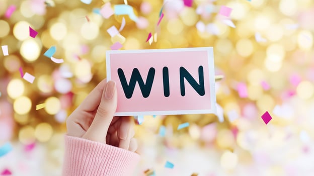woman holding win card with confetti on background photo
