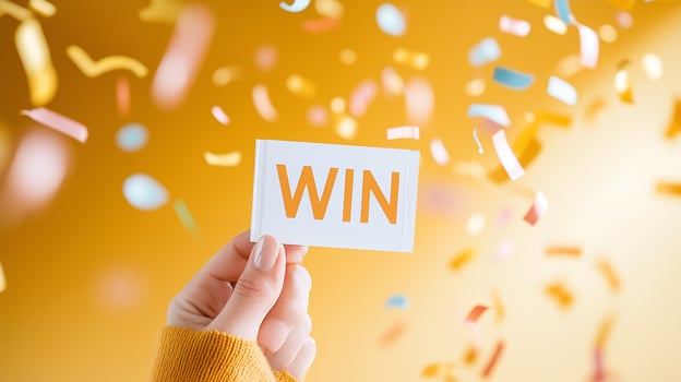 colorful image of a hand holding up a winning lottery ticket, with confetti raining down on yellow background photo