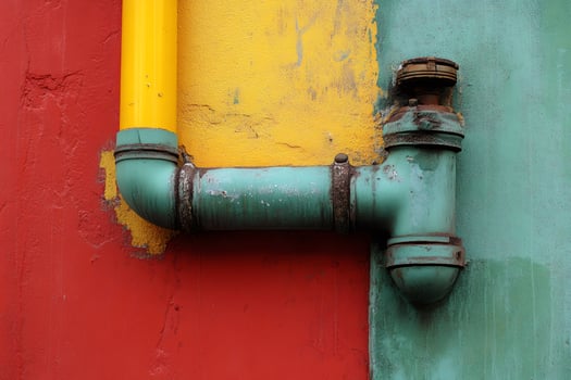 Drainpipe running across colorful wall with yellow, red and green paint photo