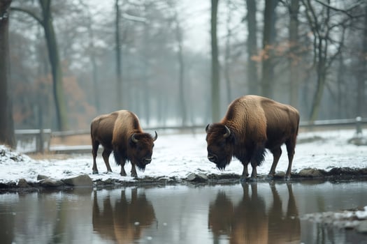 European bison standing at the edge of a pond in winter photo