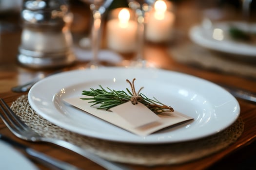 Rosemary sprig embellishing a place setting at a rustic wedding reception photo