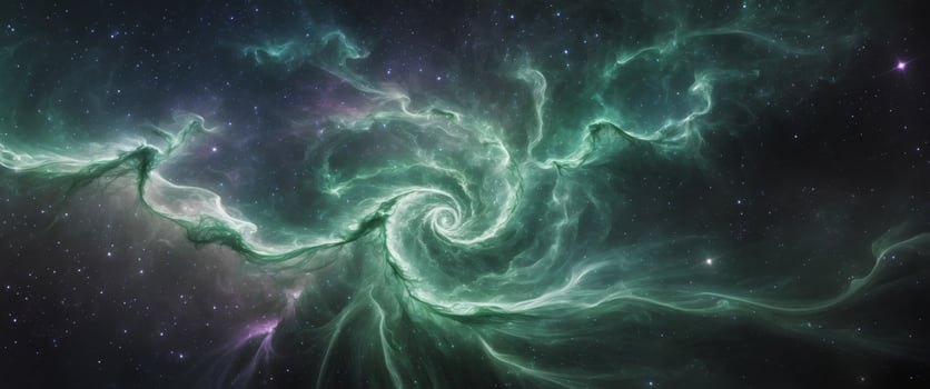 A cosmic emerald spiral nebula swirls amidst stardust and dark matter creating celestial beauty. photo