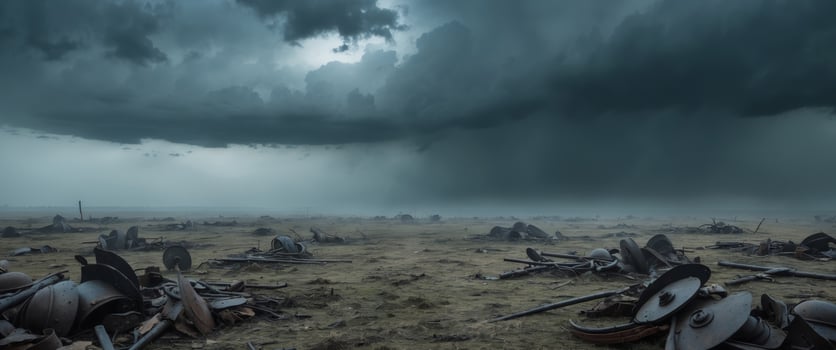 A desolate battlefield haunted by the spirits of fallen warriors under a stormy sky. photo