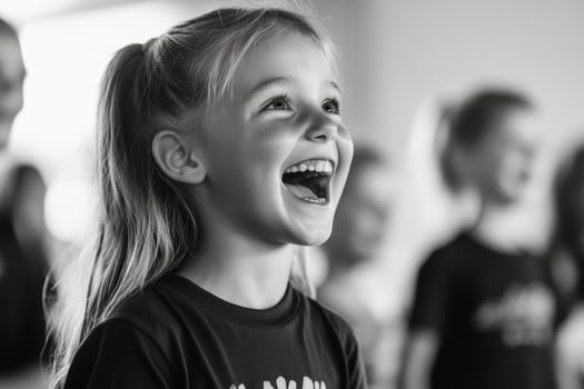 A joyful girl participates in a group activity, smiling brightly during a fun event in a classroom setting photo