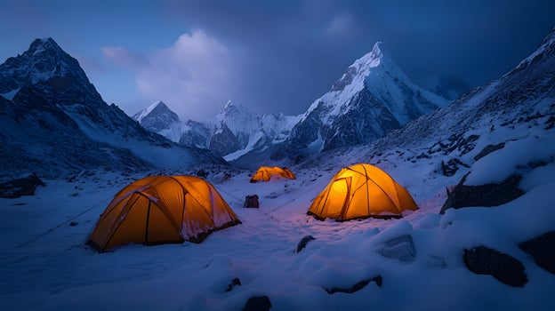 Illuminated orange tents glow against snowy mountain landscape with dramatic snow-capped peaks, creating a moody base camp setting in high-altitude Himalayan-style terrain during blue evening light e photo