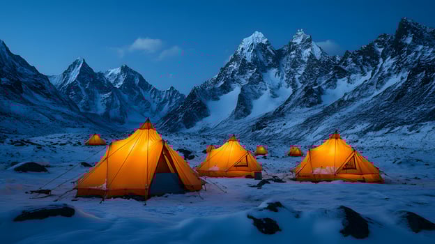 Illuminated orange tents glow against snowy mountain landscape with dramatic snow-capped peaks, creating a moody base camp setting in high-altitude Himalayan-style terrain during blue evening light d photo