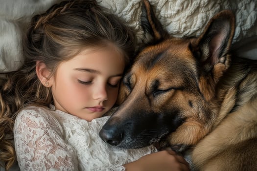 Girl and her dog sleeping in bed photo