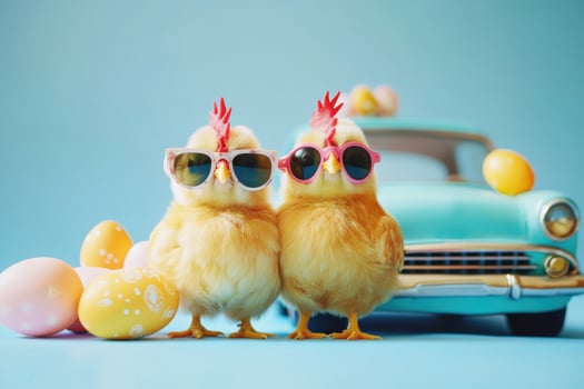 Two cute chicks in sunglasses stand beside a vintage car decorated with Easter eggs on a colorful backdrop photo