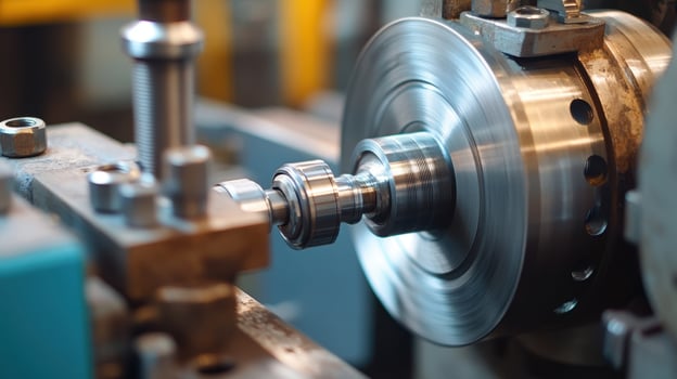 Metal lathe rotating and shaping metal part in factory photo
