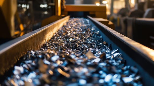 Metal scraps moving on conveyor belt in factory photo