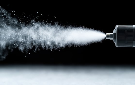 Disinfectant fogger releasing fine mist, showcasing effective sanitation. low angle shot highlights spray dispersal, emphasizing cleanliness and safety in various environments photo