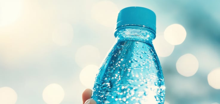 Close up of clear water bottle with droplets, held against blurred background. refreshing look evokes sense of hydration and vitality photo