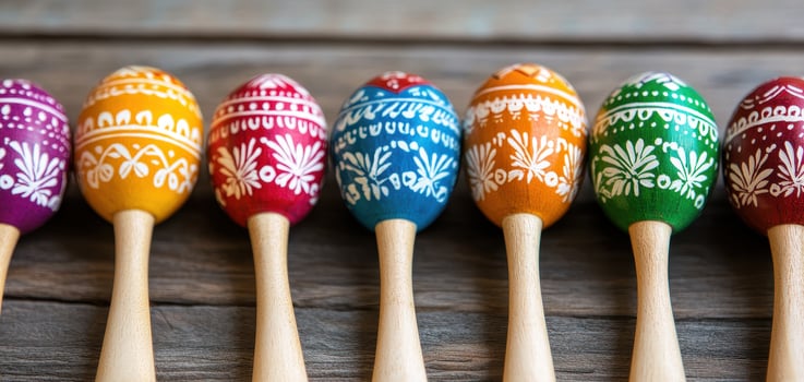 Colorful traditional maracas arranged in row on wooden surface, showcasing intricate designs and vibrant hues. These musical instruments evoke sense of joy and cultural heritage photo