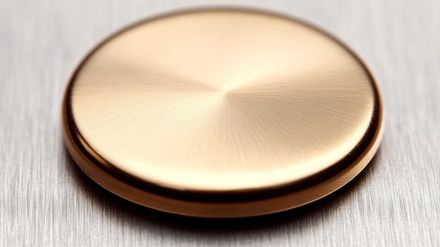 A gleaming round button lies on a brushed metal surface, capturing warm light perfectly photo