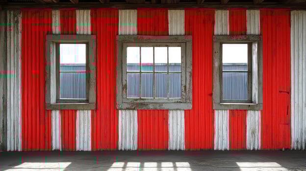 Striking striped walls highlight three rustic windows, bathed in warm natural light photo