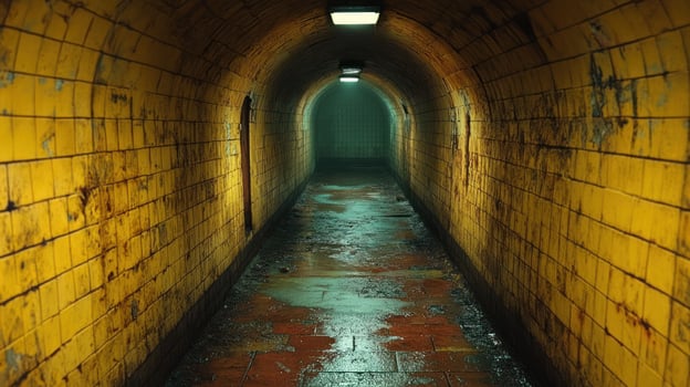 A haunting tunnel stretches ahead, its yellow walls glowing softly under flickering lights photo