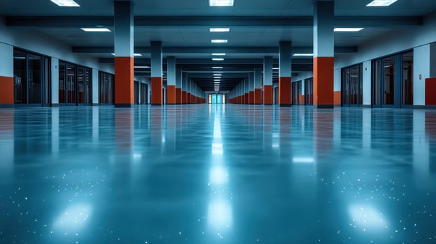 A calm corridor glows with soft lights, casting orange and blue reflections on polished floors photo