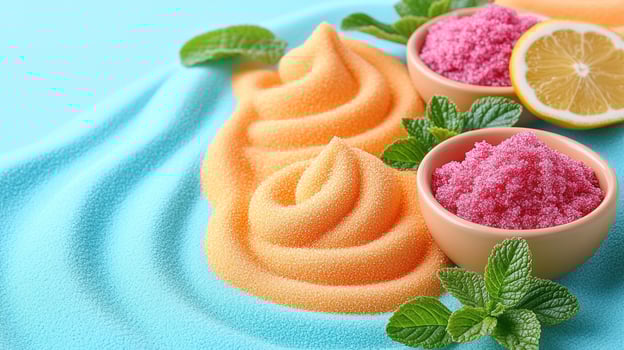 Swirls of orange and pink sand create a playful display with refreshing lemon and mint accents photo