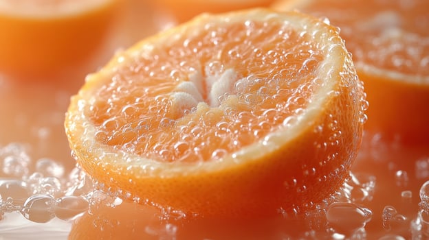 Bright orange slices float in sparkling water, offering a refreshing summer vibe. photo
