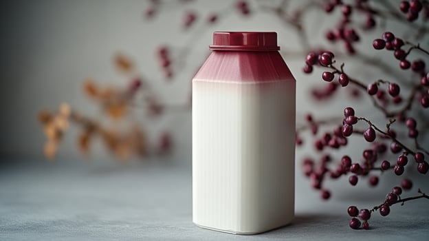 A charming milk container sits amid autumn leaves and berries, adding a cozy touch photo