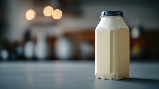 A glass bottle of creamy drink glows softly on the kitchen counter photo