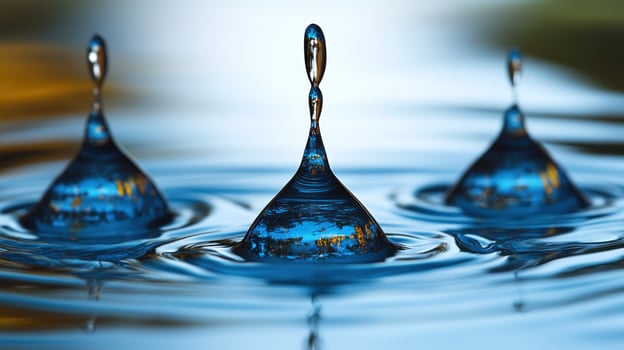 Three droplets fall, sending out elegant ripples across a serene surface reflecting nature's beauty photo