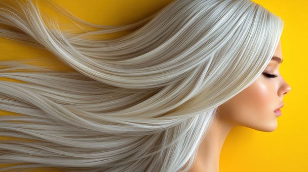 A model with vibrant silver hair poses against a bright yellow background photo