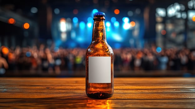 A refreshing drink stands on the bar, surrounded by a buzzing crowd at a music event photo
