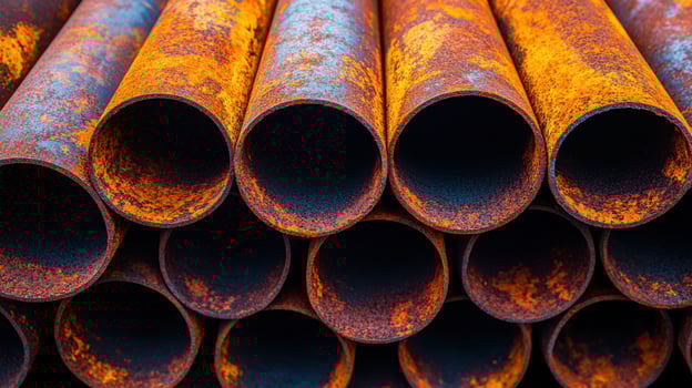 Weathered steel pipes, deeply rusted and stacked, showcase a unique blend of colors and patterns photo