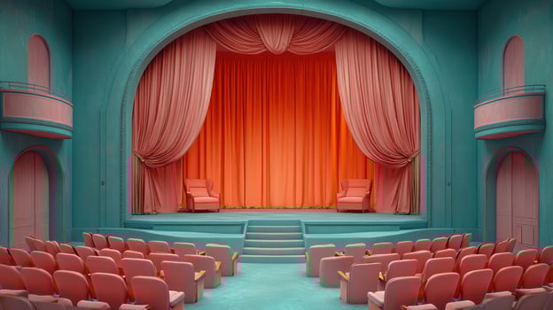 A charming theater stage features warm orange curtains and inviting seats for storytelling photo